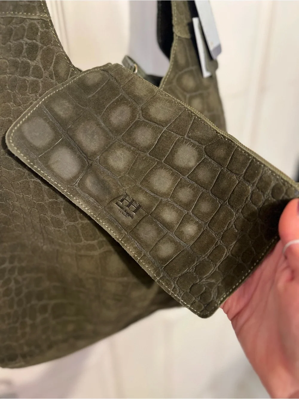 Haute Hippie olive green hobo bag with, crocodile-embossed suede design.NWT